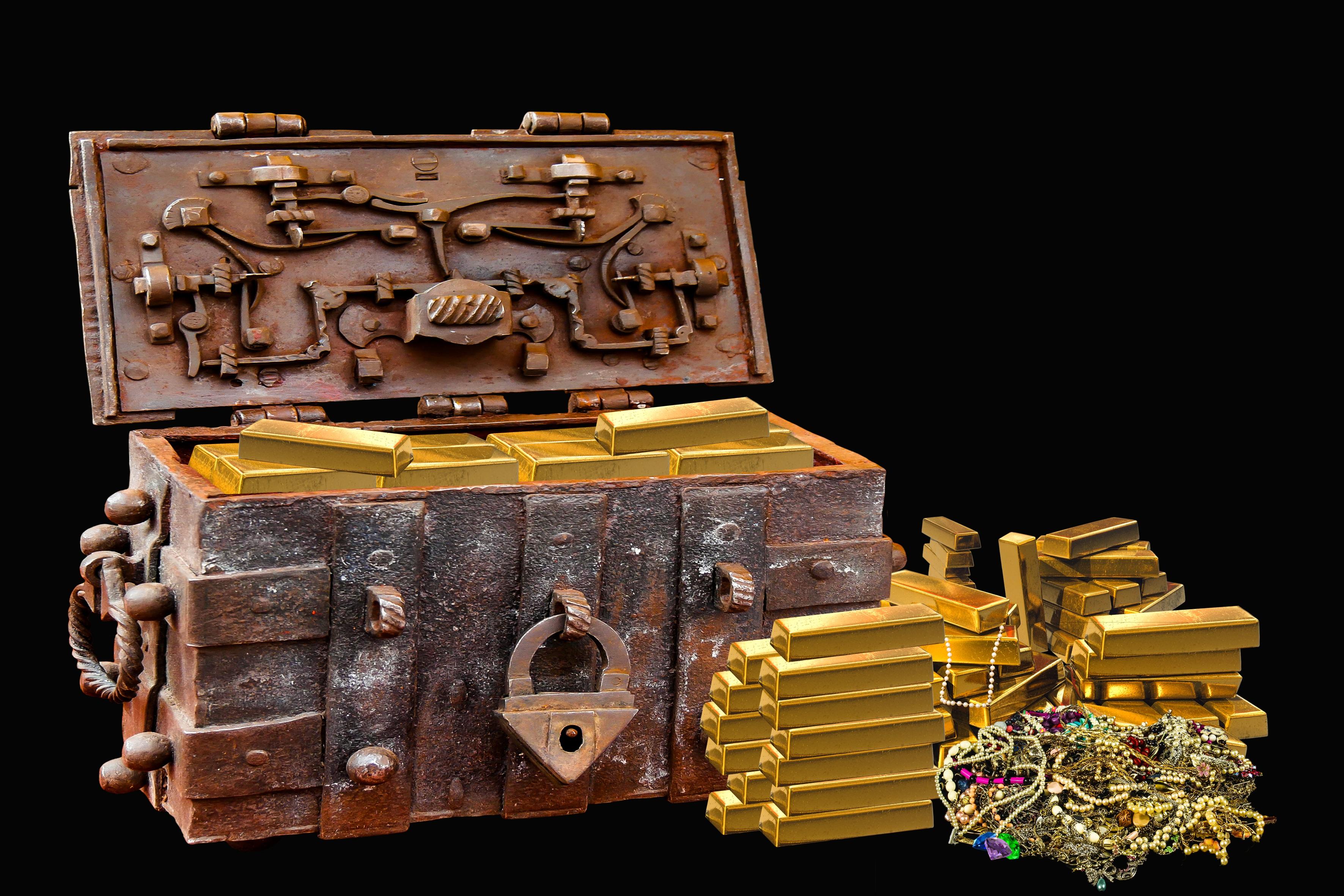 3543x2362 Photo Gold Treasure chest coffer Ingots Black background 3543x2362