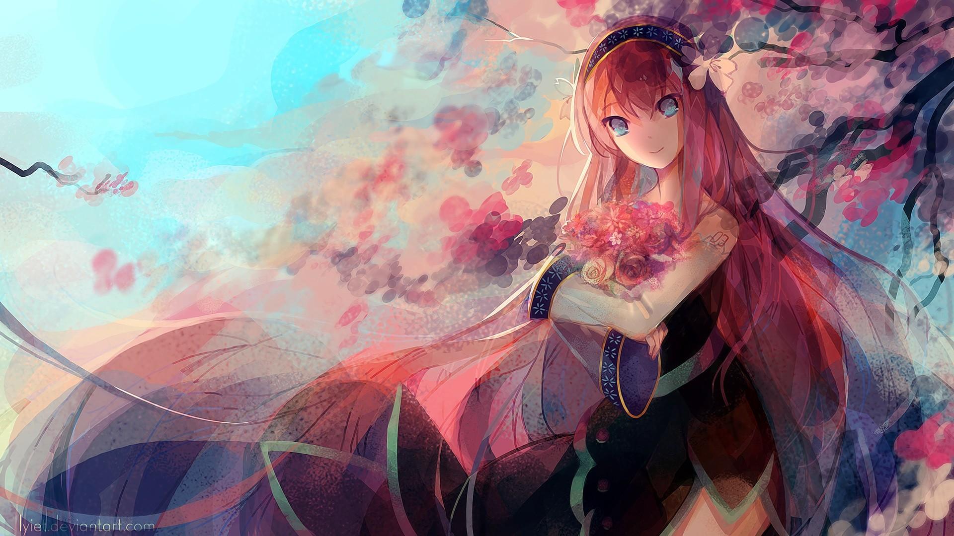 1920x1080 flowers, long hair, Megurine Luka, anime, anime girls, flower in hair (1920x1080px) on