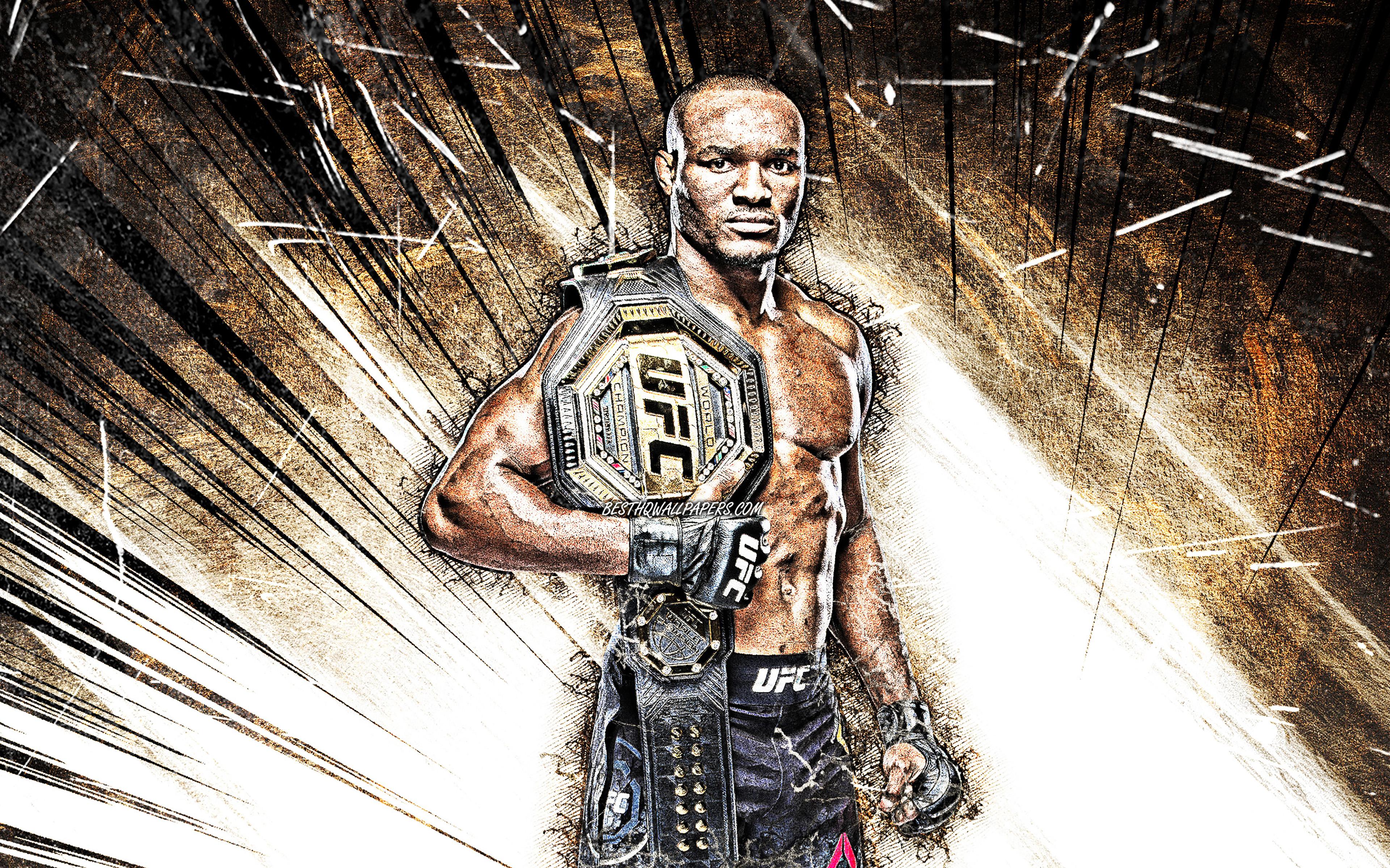 3840x2400 Download wallpaper 4k, Kamaru Usman, grunge art, american fighters, MMA, UFC, Kamaru Usman with belt, Mixed martial arts, Kamaru Usman 4K, brown abstract rays, UFC fighters, MMA fighters, Kamarudeen Usman for desktop