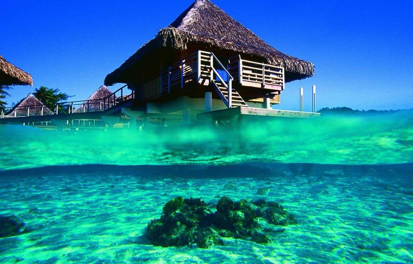 1332x850 Wallpaper The Ocean, Bungalow, Bora, Blue Lagoon, French Polynesia, Bora Bora Image For Desktop, Section пейзажи