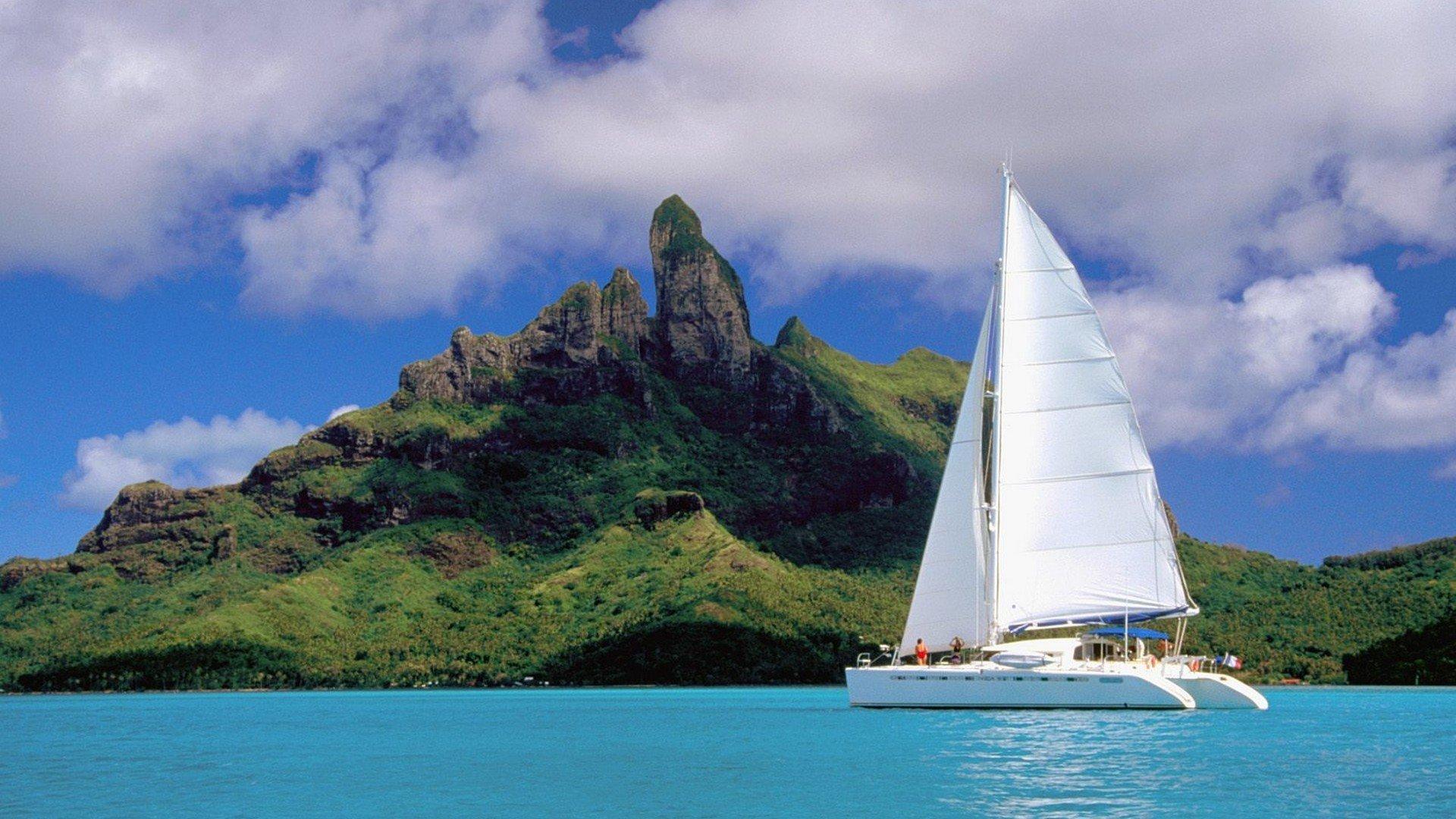1920x1080 French Polynesia catamaran lagoon Bora Bora wallpaperx1080