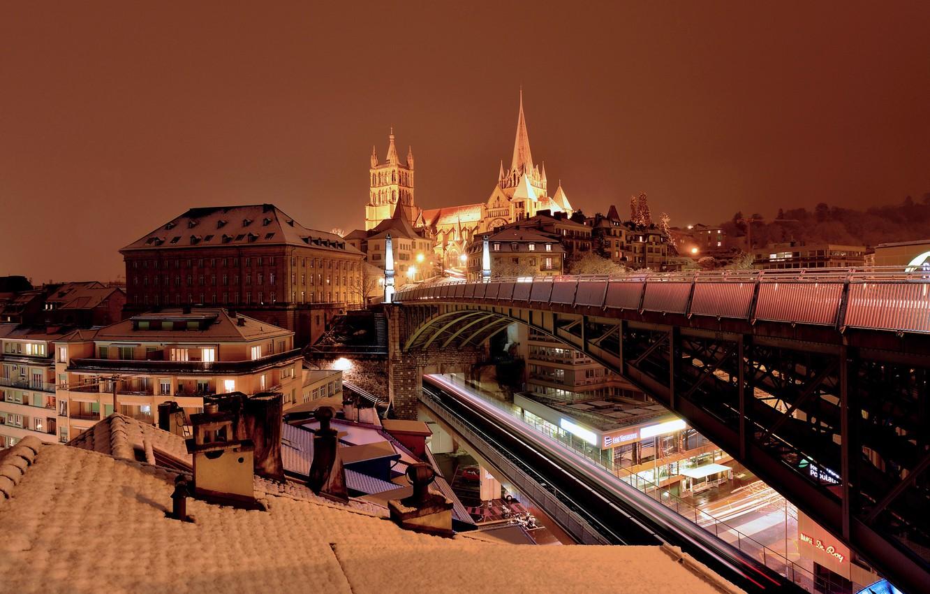 1332x850 Wallpaper night, bridge, lights, home, Switzerland, Cathedral, Lausanne image for desktop, section город