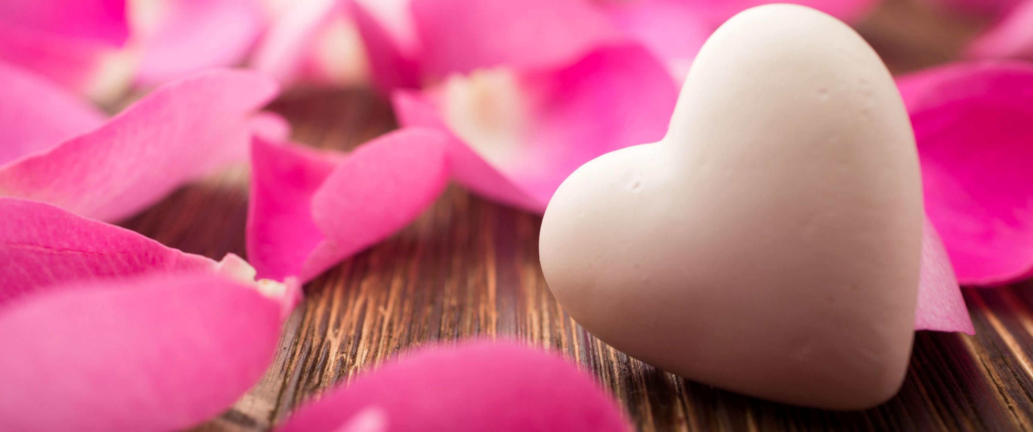 3440x1440 Love heart Wallpaper 4K, White heart, Rose Petals, Wooden background, Love