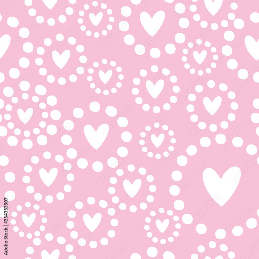 1000x1000 Vector seamless pattern with hearts and dots on pink backdrop. Cute girlish background. For wrapping paper, design of banner, cards, print on clothes. Funny wallpaper for textile and fabric. Stock Vector