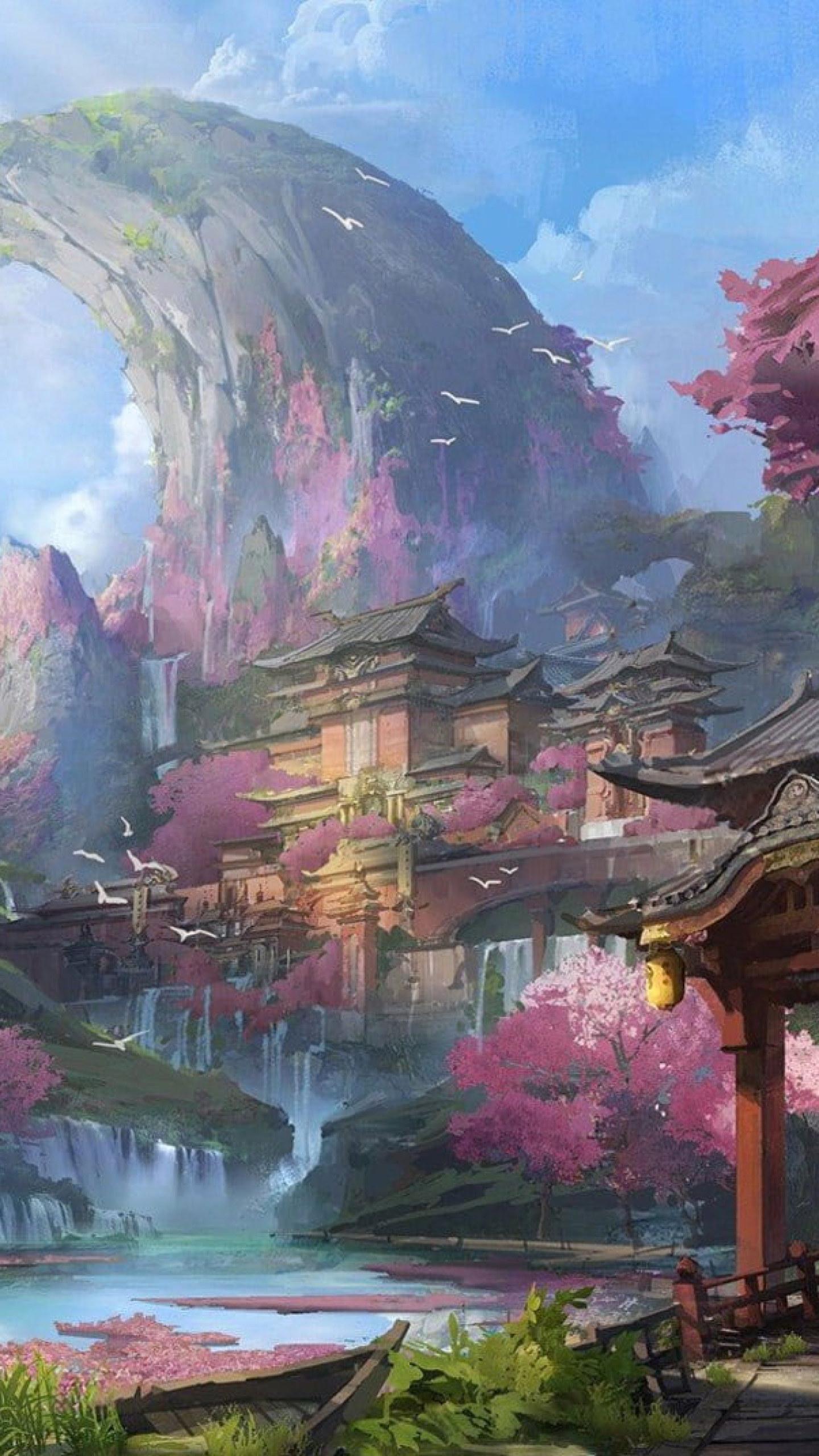 1440x2560 Artwork Wallpaper, Fantasy Art, Chinese Architecture, Mountains, Cherry Blossom • Wallpaper For You