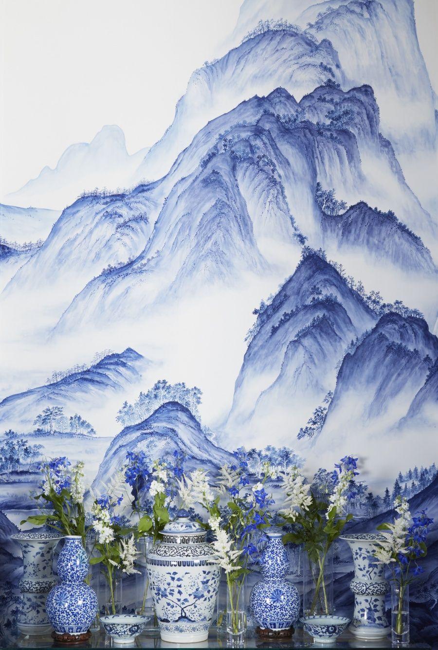 900x1336 A Thousand Li of Rivers and Mountains' design in Delft design colours on Bleached White. Hand painted wallpaper, Chinese landscape painting, De gournay wallpaper