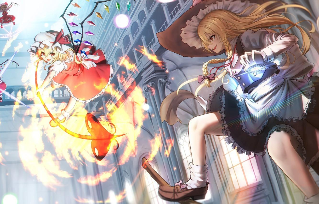 1332x850 Wallpaper girls, fire, magic, girls, the battle, Touhou, Marisa Kirisame, Flandre Scarlet, Touhou, Touhou image for desktop, section прочее