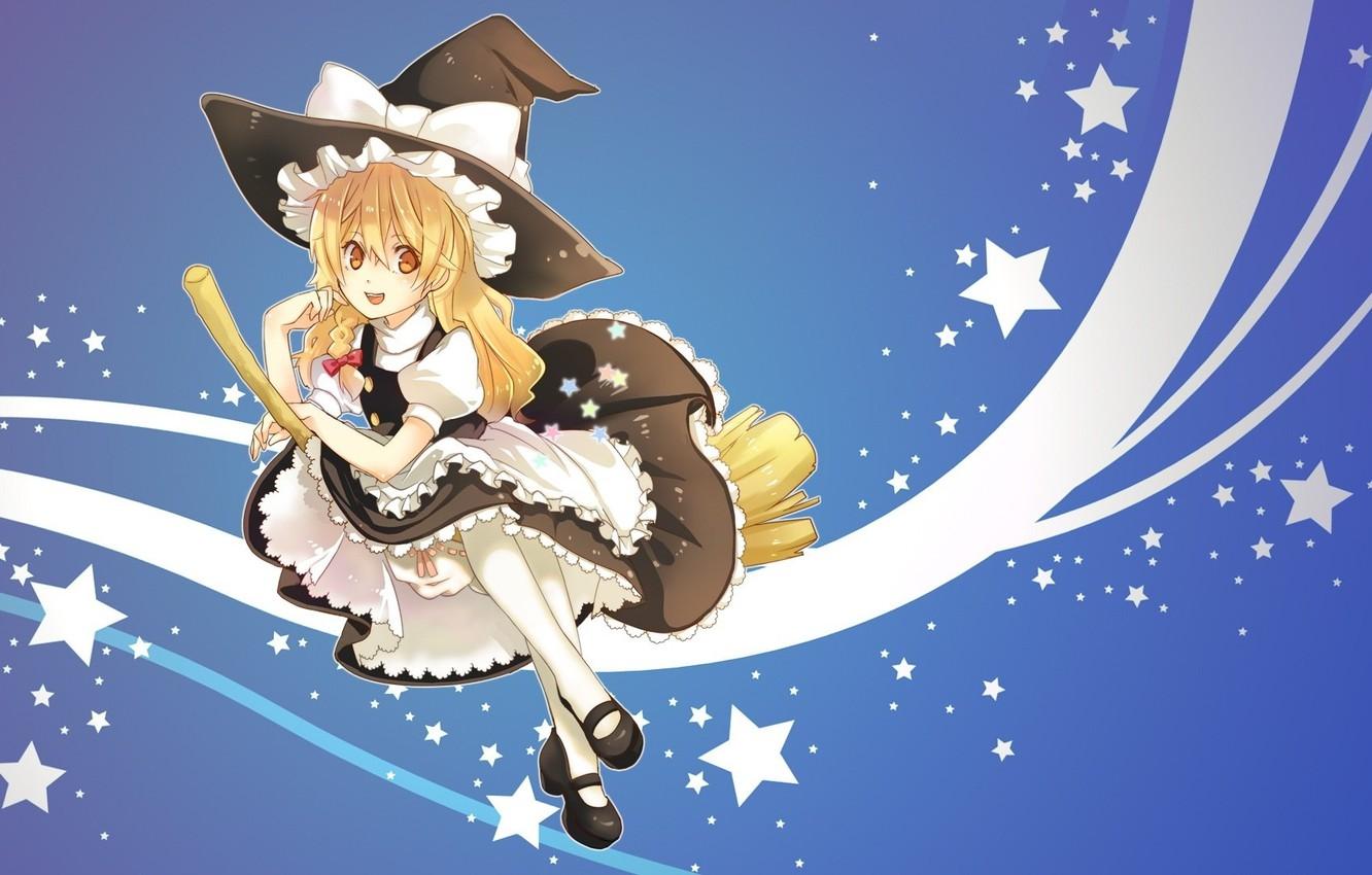 1332x850 Wallpaper flight, witch, broom, stars, touhou, ruffles, Kirisame Marisa, witch hat, Touhou Project, Project East image for desktop, section игры