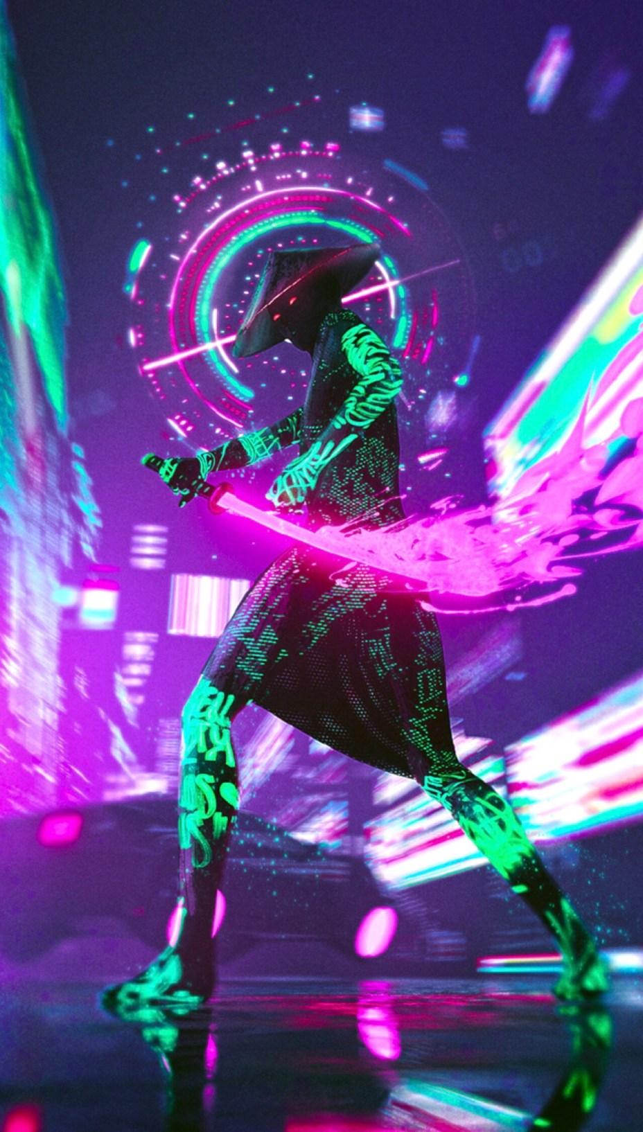 928x1634 Neon Cyberpunk Samurai PC and Phone Wallpaper HD