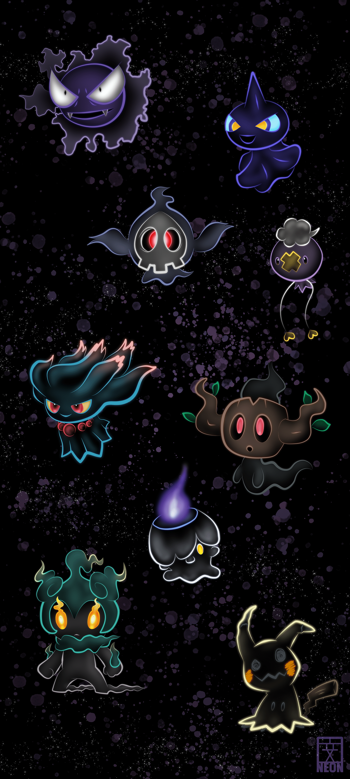 1440x3200 Neon Ghost Pokemon Phone Wallpaper for Halloween [OC] (3200x1440)