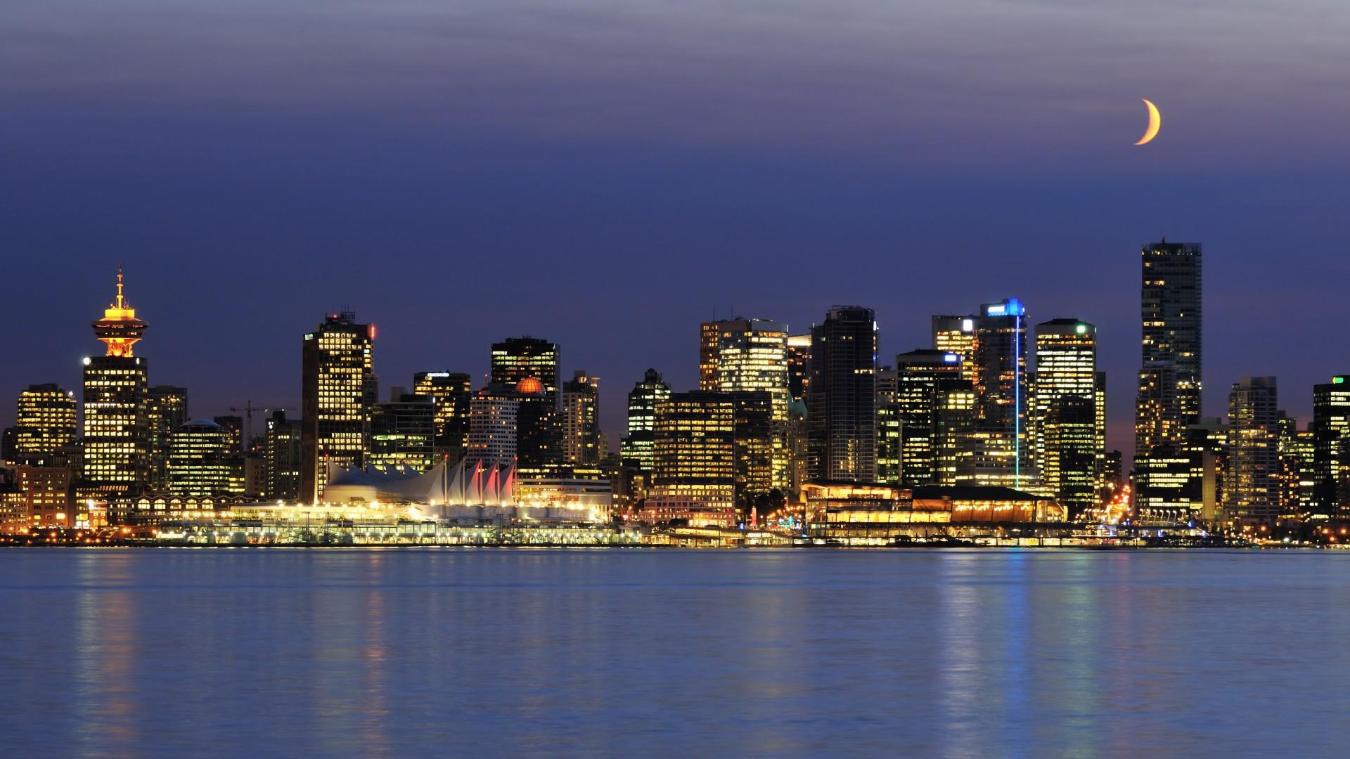 1920x1080 vancouver, Canada, Architecture, Buildings, Skyscrapers, Night, Sky, Moon, Skyline, Cityscapes Wallpaper HD / Desktop and Mobile Background
