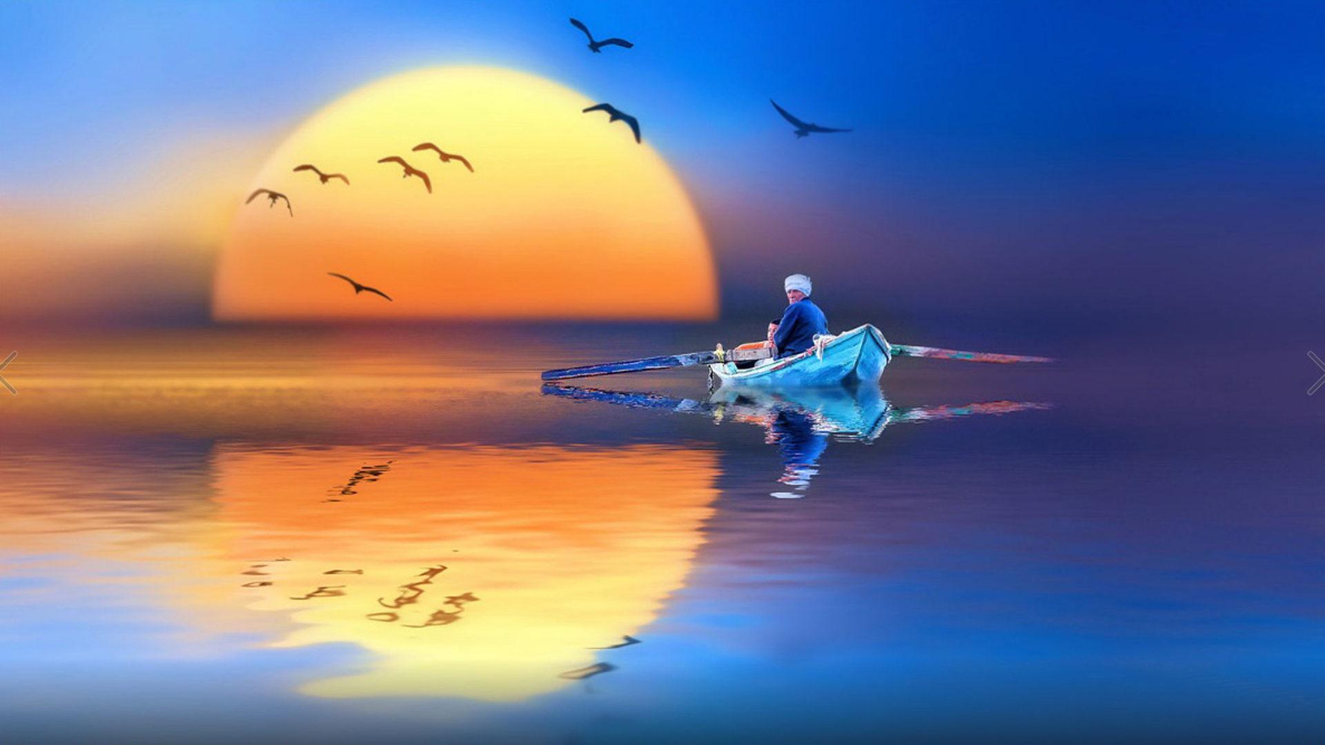 1920x1080 Sunset Lake Fishing Camec.ptici Flight Reflection In Water Art HD Wallpaper :