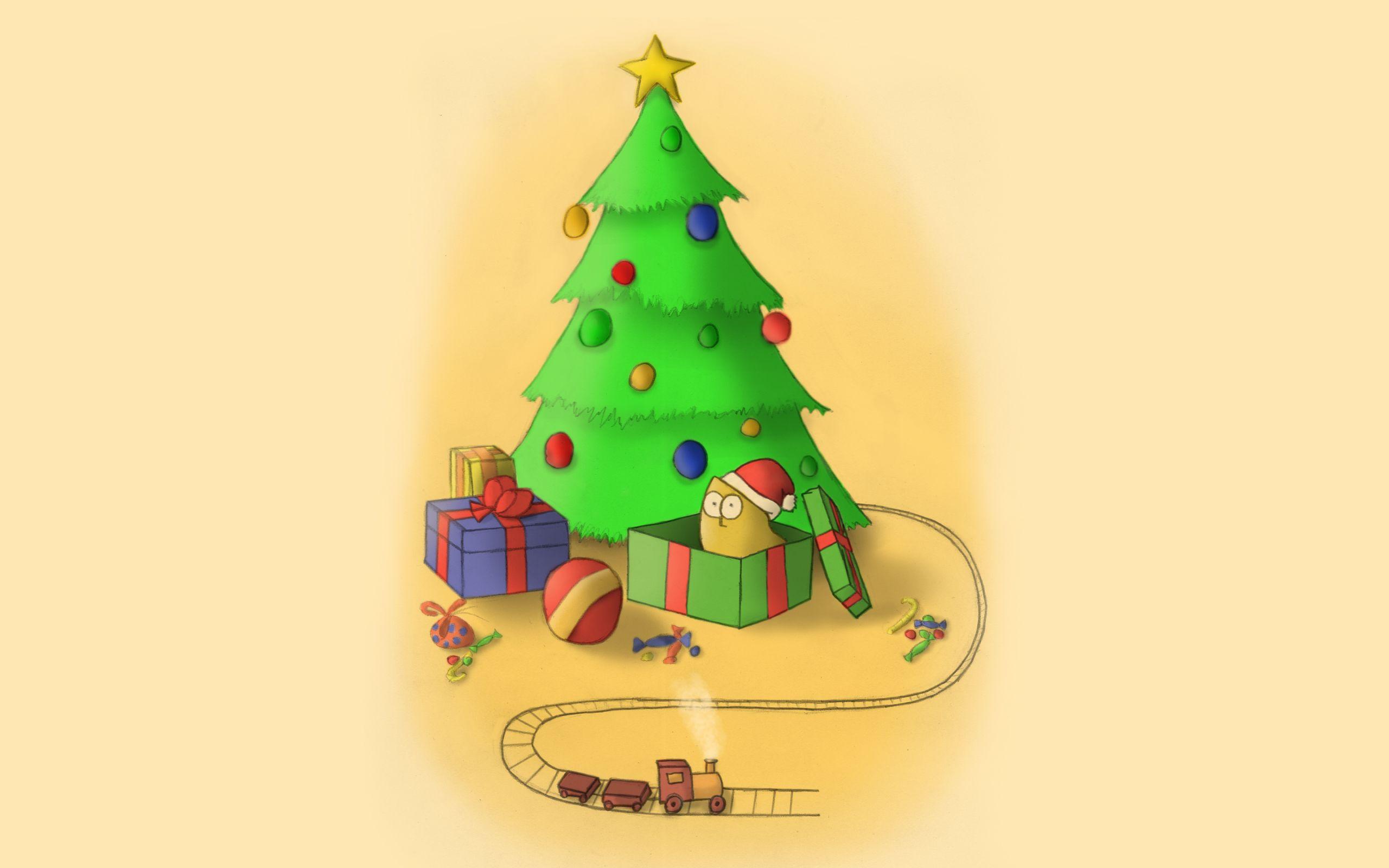 2560x1600 Christmas Tree, Gifts, Train, Cartoon widescreen wallpaper. Wide