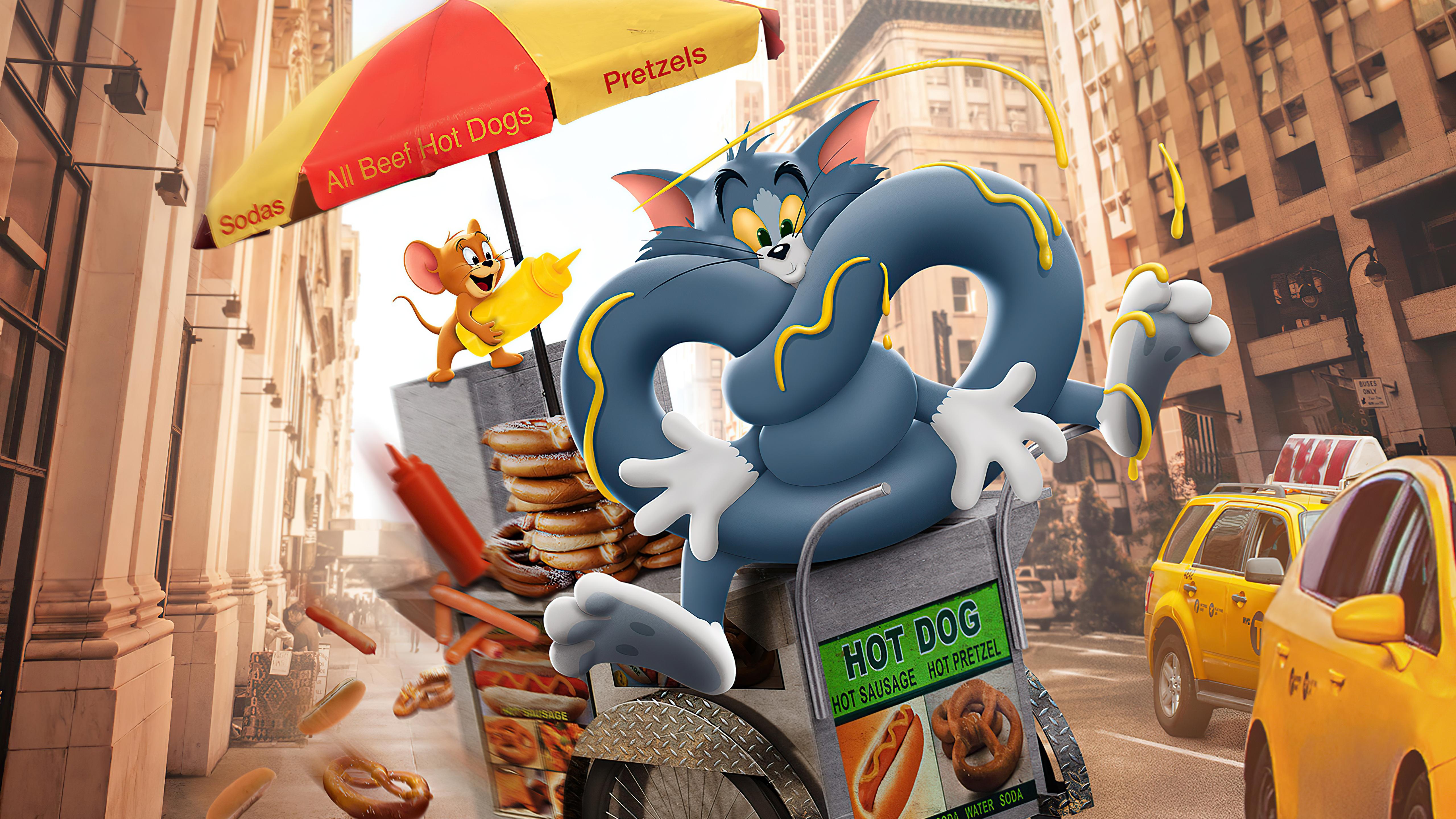 5120x2880 Tom & Jerry 4K Ultra HD Movie Wallpaper: Hot Dog Chase in the Cityx2880