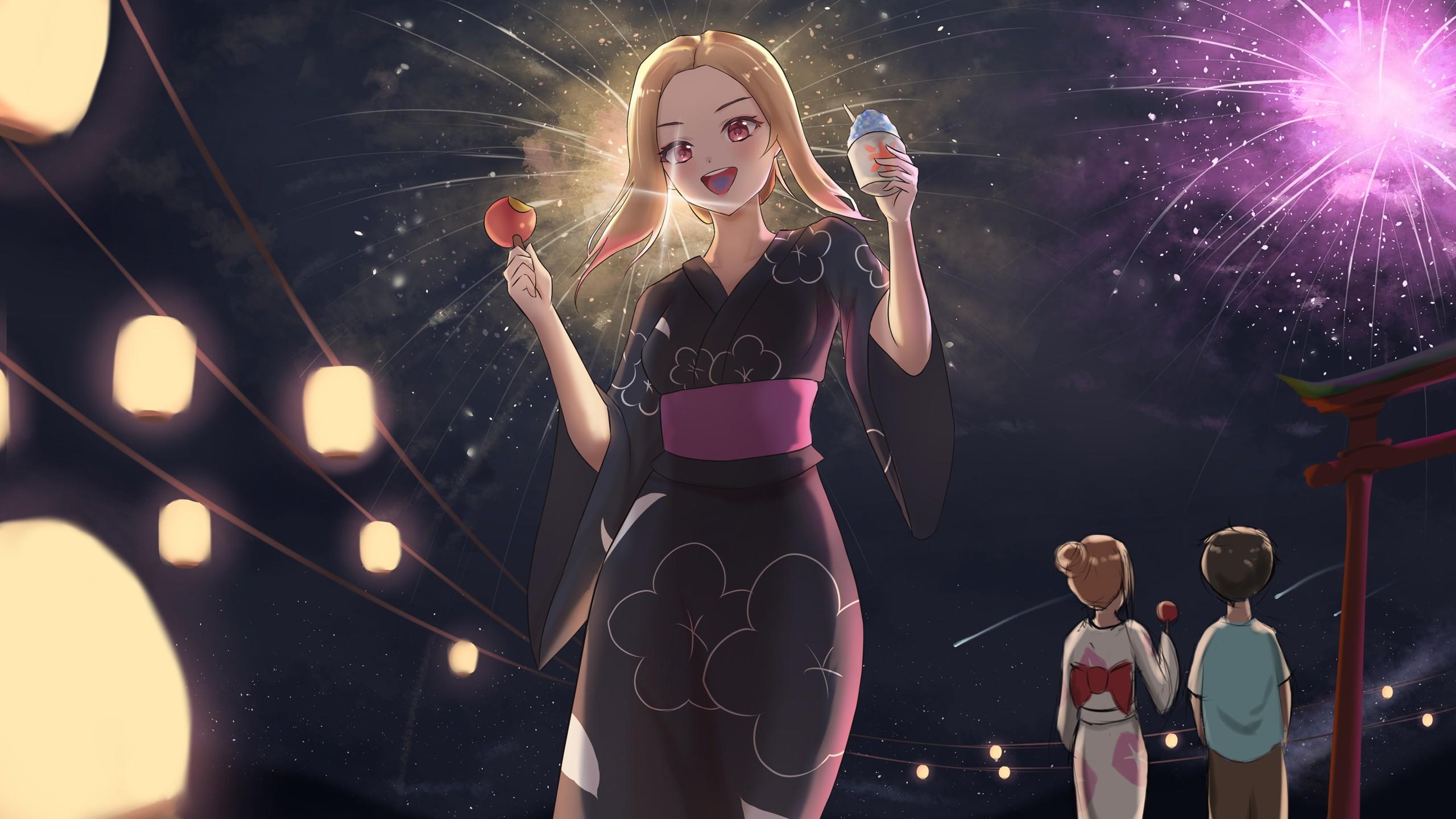 2560x1440 Marin Kitagawa Fireworks Dark Sky Background HD My Dress Up Darling Wallpaper