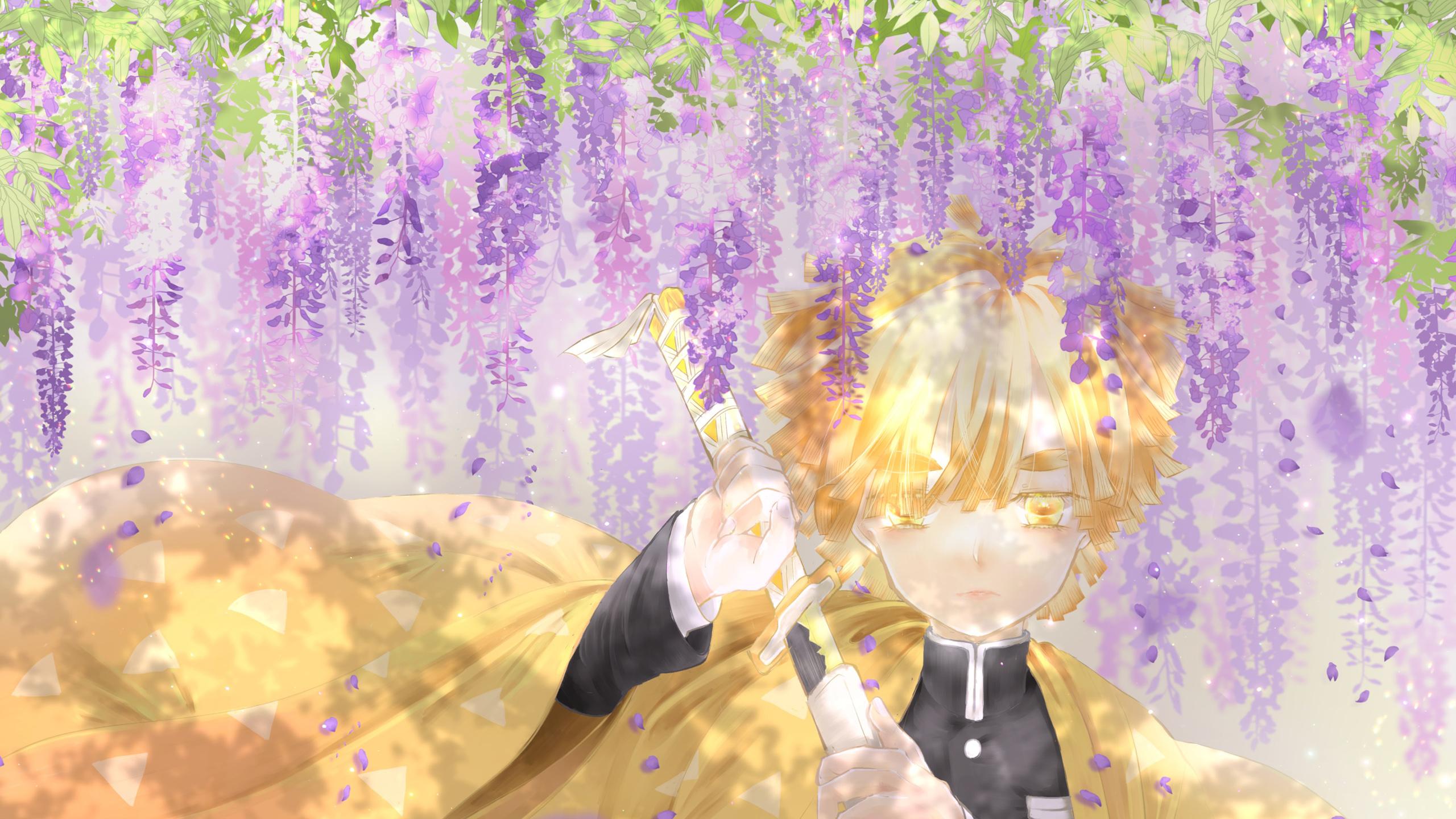 2560x1440 Demon Slayer Zenitsu Agatsuma Under Purple Flowers And Green Leaves HD Anime Wallpaper