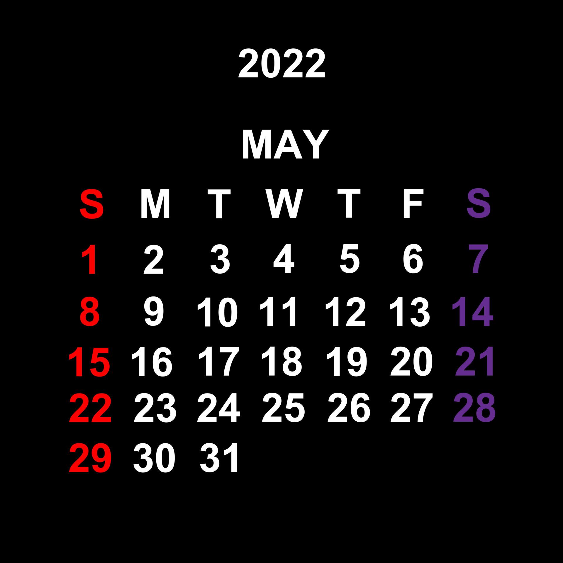 1920x1920 May Calendar template design over black background. Week starts on Sunday