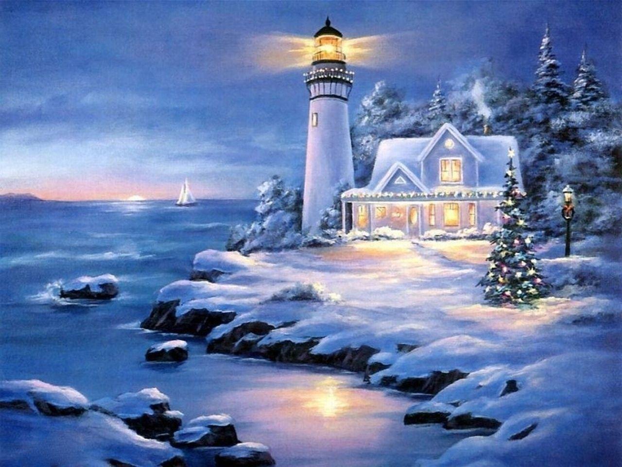 1280x960 Christmas Decorated Lighthouse Wallpaper