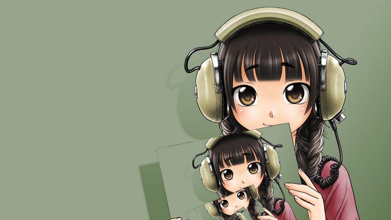 1366x768 Download wallpaper 1366x768 anime, girl, headphones, photographs, copies tablet, laptop HD background