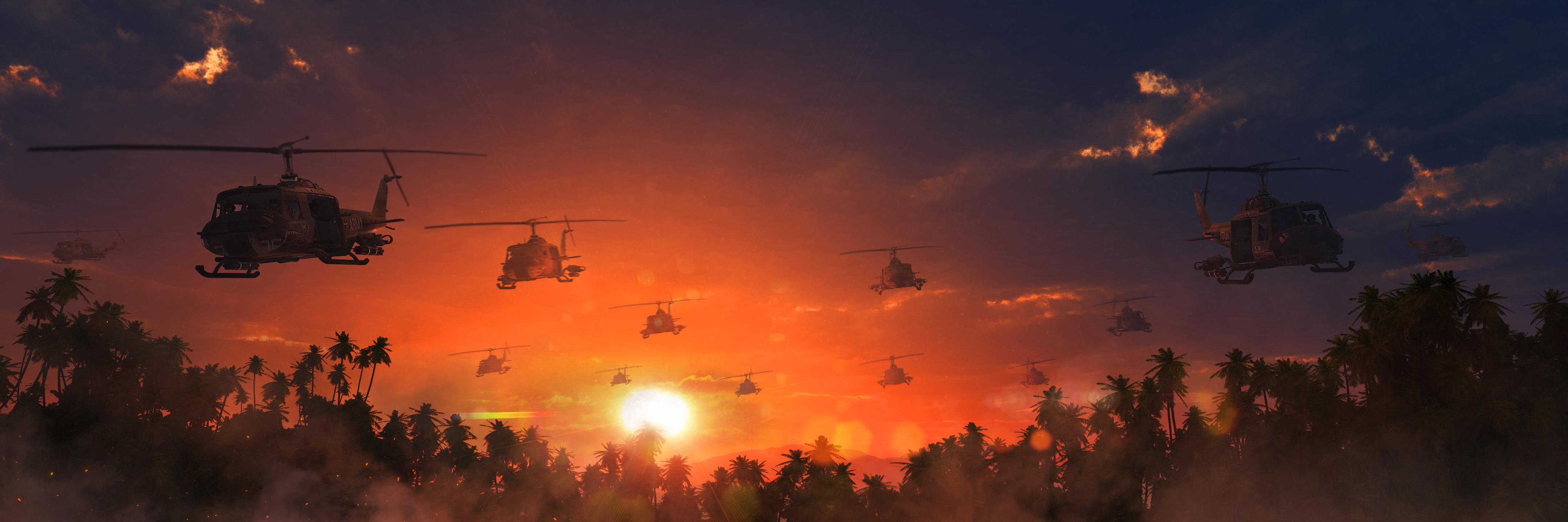 4320x1440 Desktop Wallpaper Helicopters The Vietnam war Sun Sky 4320x1440