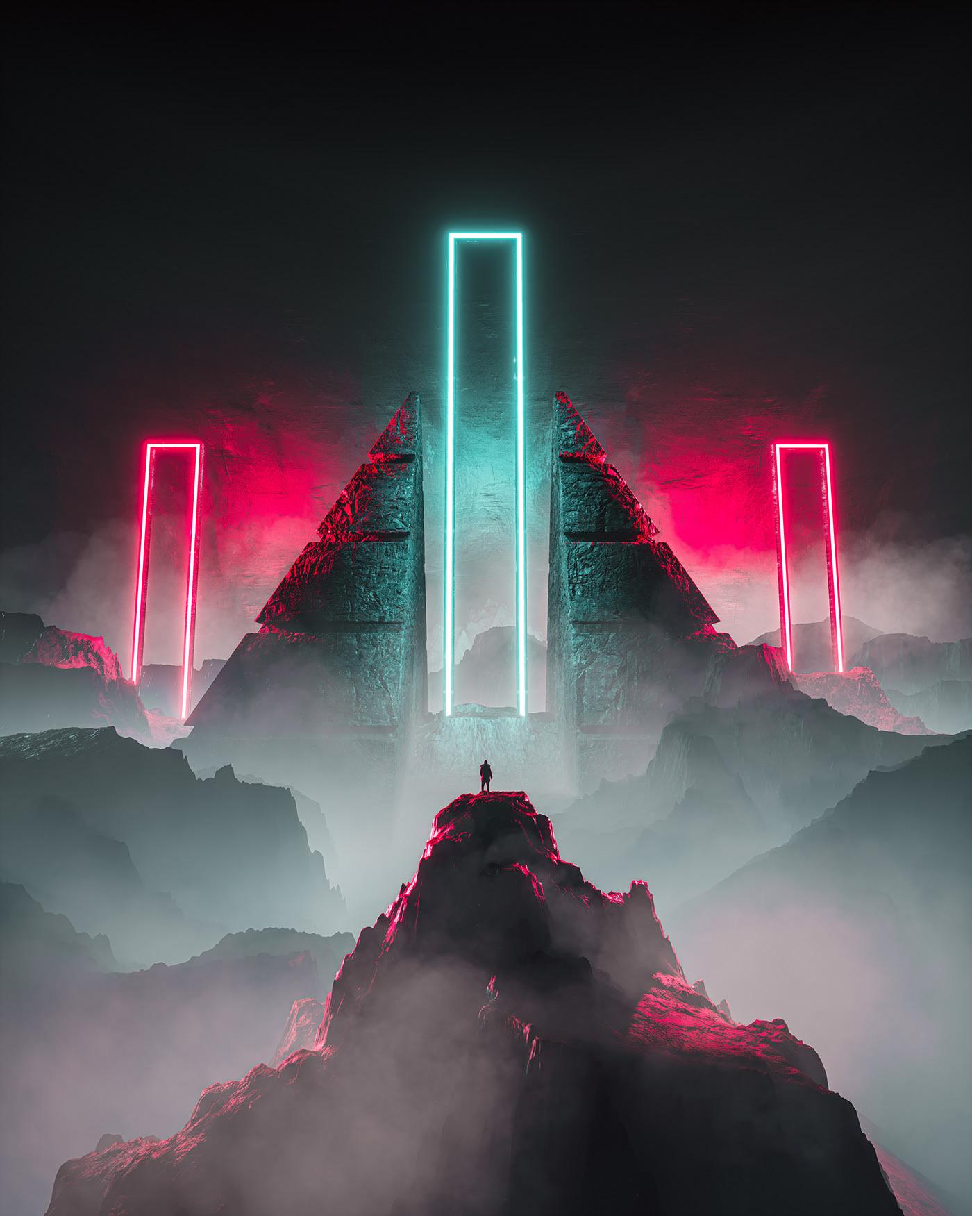 1400x1751 Neon Lights Science Fiction 3D Design Vertical Neon Glow Wallpaper:1400x1751
