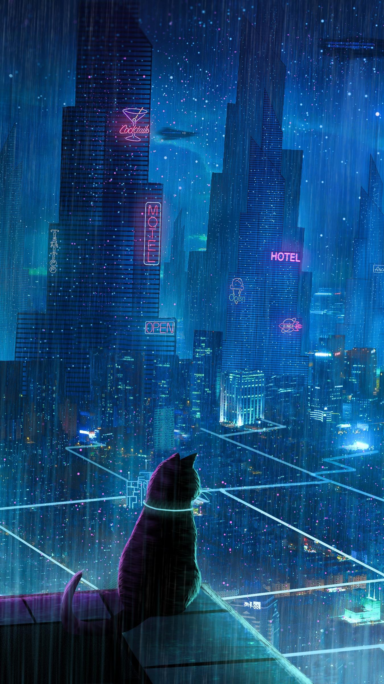 1350x2400 Digital Art Building Cityscape Skyscraper Portrait Display Neon Vertical Cats Rain Cyberpunk Hotel R Wallpaper:1350x2400