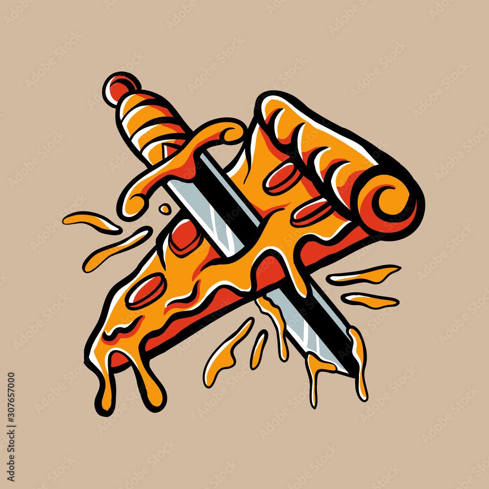 1000x1000 vector illustration of slice pizza. Pizza stabbed by a sword. Pizza traditional tattoo design. clip art for tshirt design, stickers, poster, wall art, web, or phone wallpaper Stock Vector