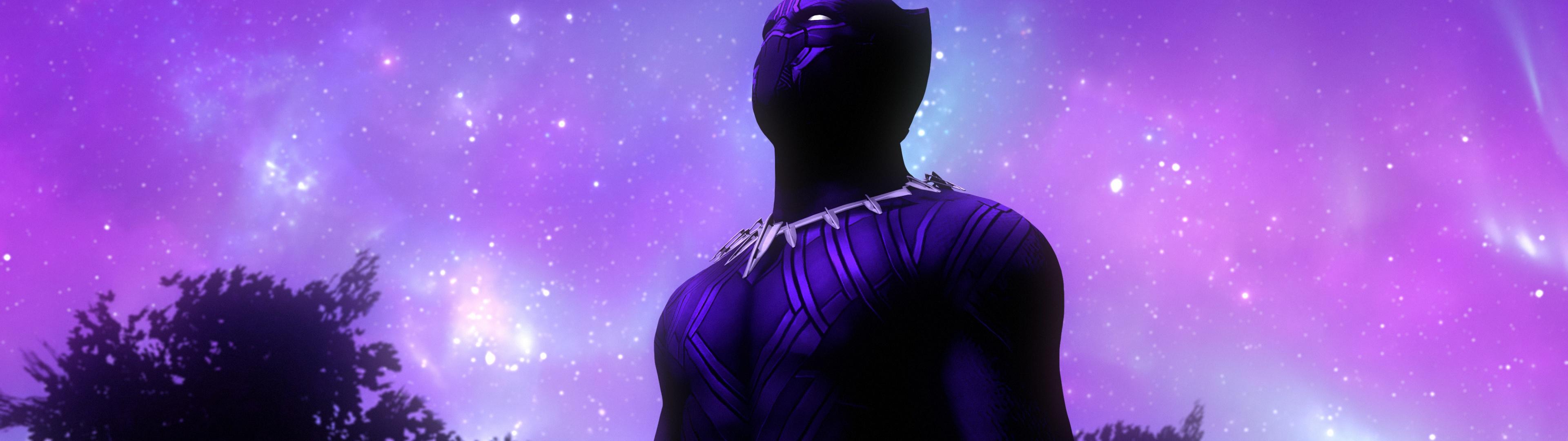 3840x1080 Black Panther Wallpaper 4K, Marvel Comics, Purple sky, Outer space, Stars, Fantasy