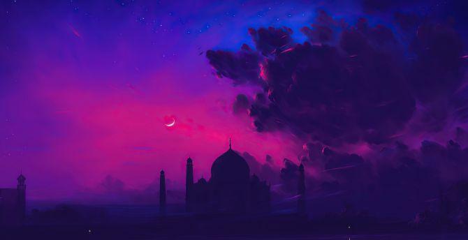 670x344 Taj mahal, silhouette, cloudy sunset, minimal art wallpaper, HD image, picture, background, a8396c