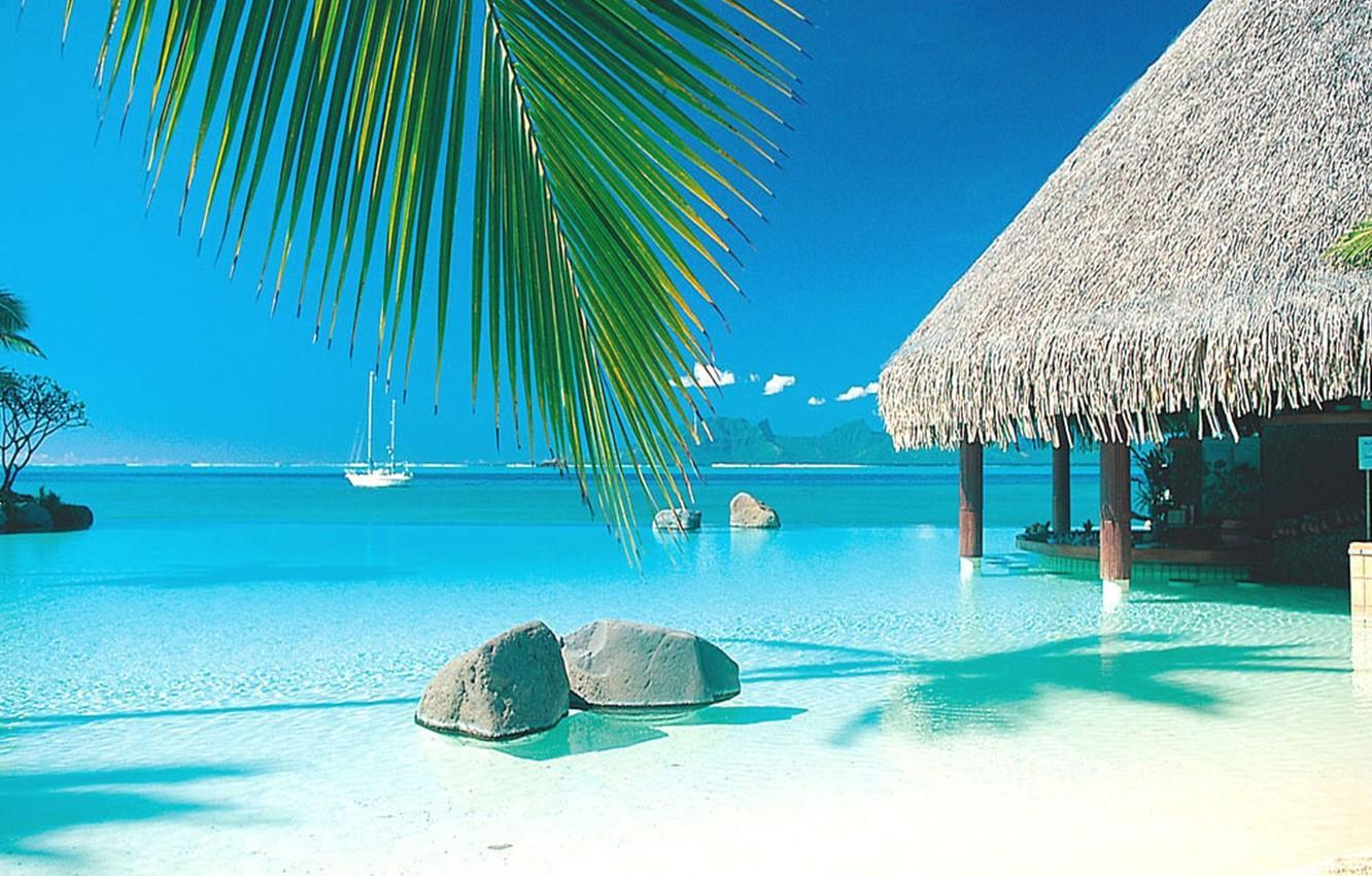 1332x850 Wallpaper the ocean, pool, yacht, beach, Bungalow, Tahiti, paradise, palm image for desktop, section пейзажи