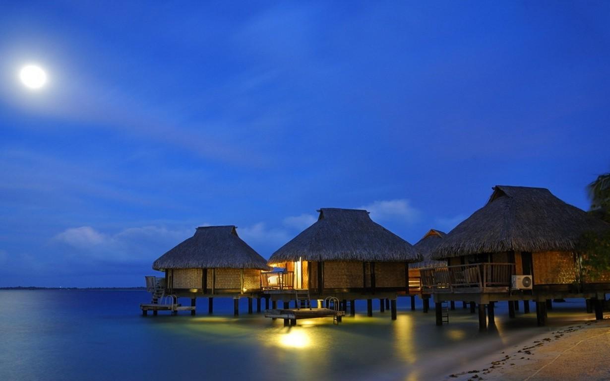 1230x768 nature, Landscape, Beach, Resort, Water, Bungalow, Sea, Moon, Tropical, Lights, Sand Wallpaper HD / Desktop and Mobile Background