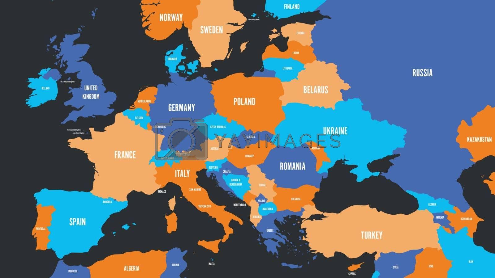 1600x900 Royalty Free Vector. Political map of Europe continent in four colors with white country name labels. Vector illustration