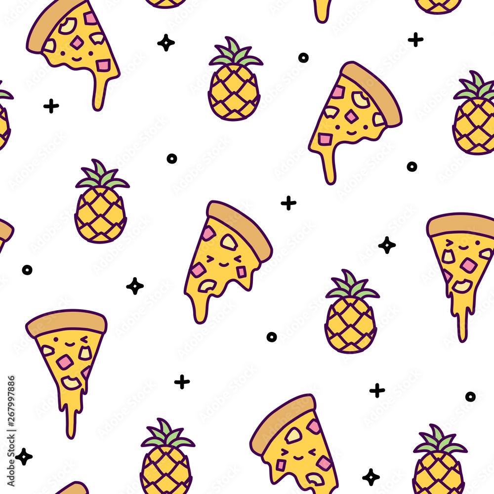 1000x1000 Hawaii pineapple pizza seamless pattern cute kawaii Stock Vector