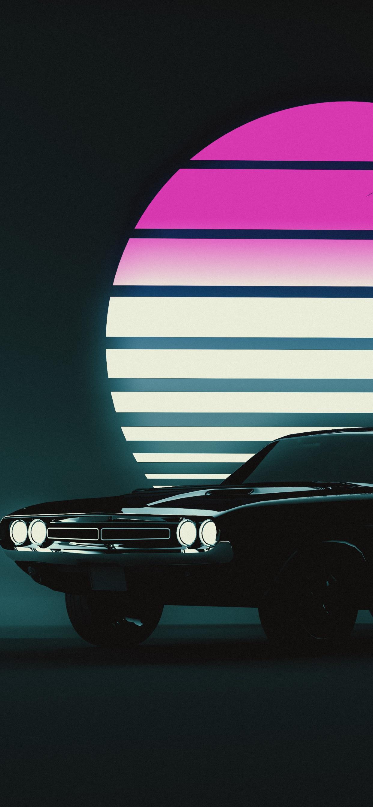 1242x2688 Muscle car Wallpaper 4K, Retro, Vintage car, Sunset, Neon, 5K, Cars