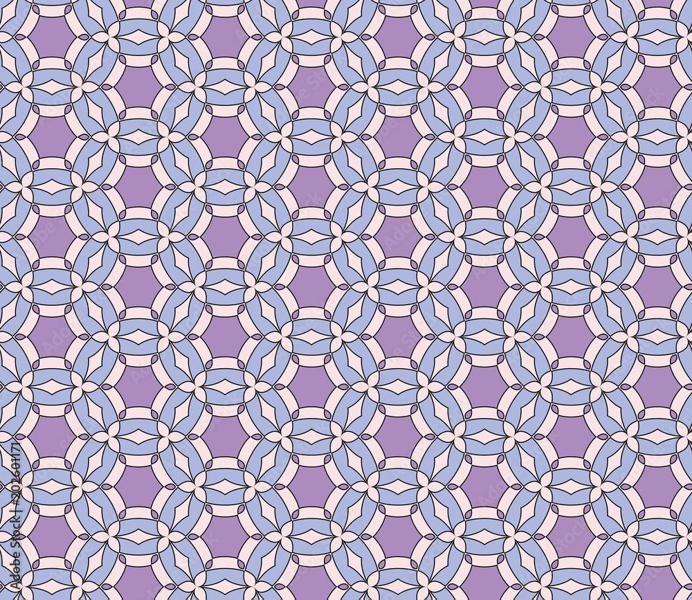 1000x867 Pastel floral seamless lace pattern. Geometric soft purple blue mosaic background. Oriental ornament. Vector design template for invitations, greeting cards, textile, wallpaper, etc. Stock Vector