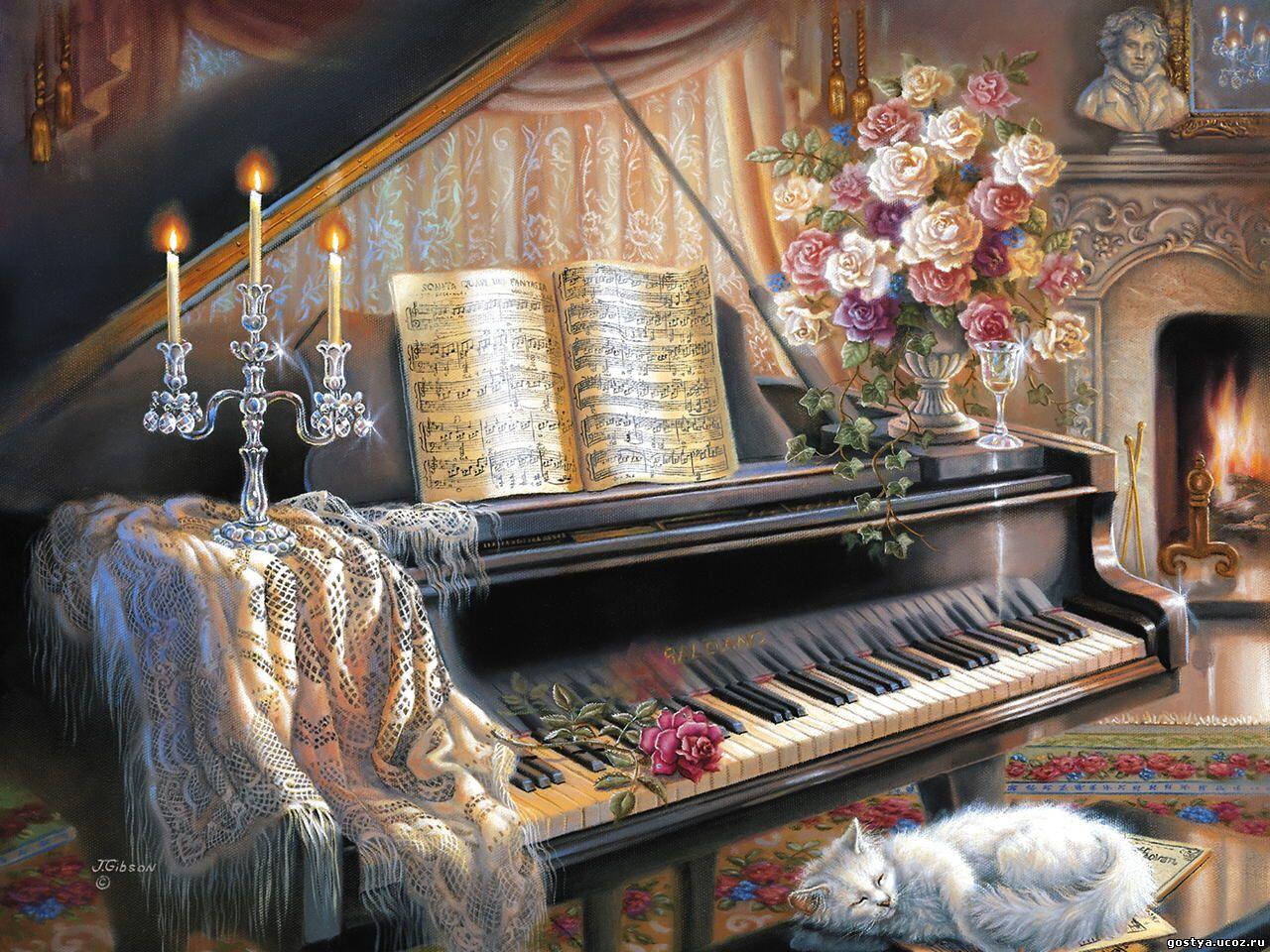 1280x960 Download desktop wallpaper Piano and flowers