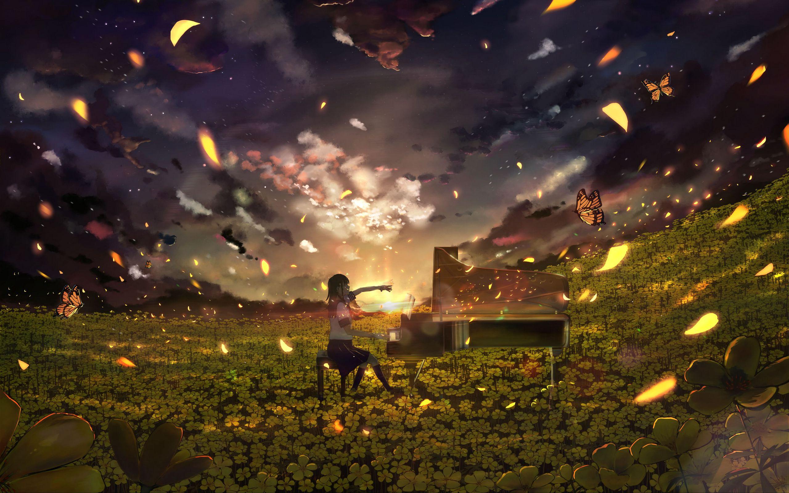 2560x1600 Download wallpaper 2560x1600 girl, piano, field, flowers, anime, art widescreen 16:10 HD background