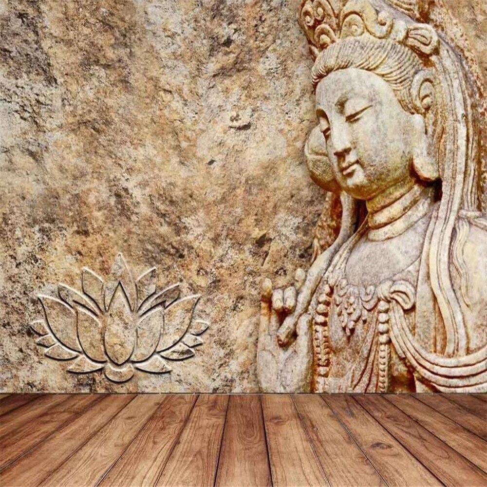 1000x1000 Milofi custom 3D wallpaper mural stone carving Buddha statue Guanyin Bodhisattva background wall for living room bedroom decorat