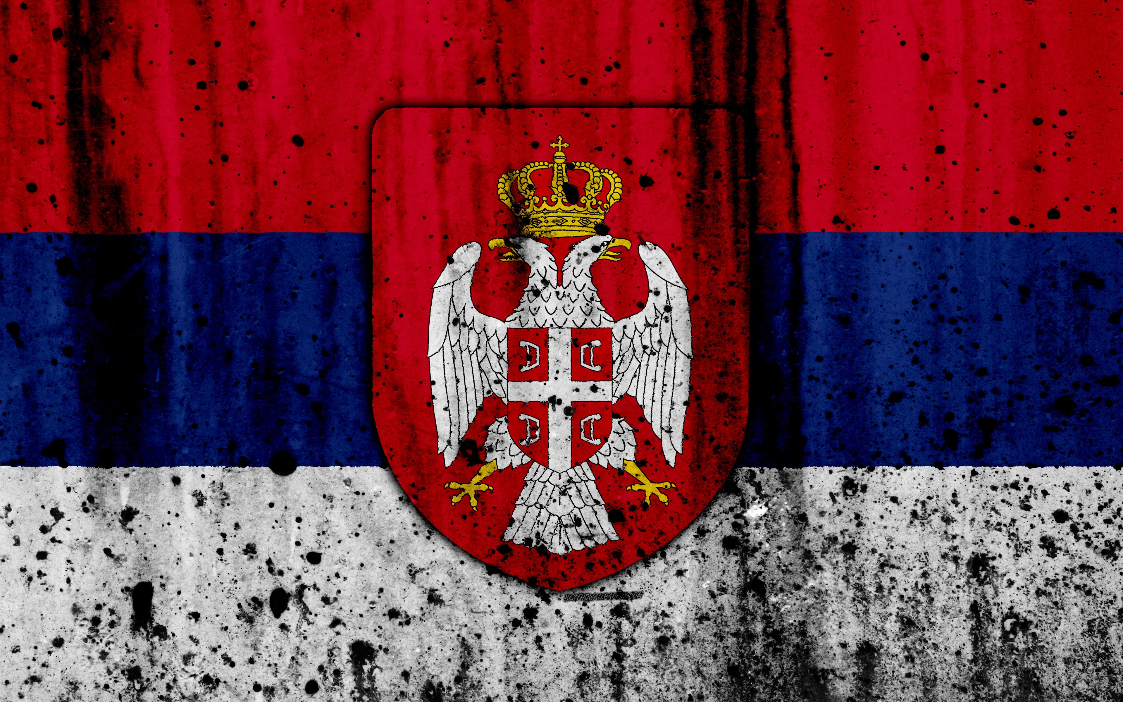 3840x2400 Download wallpaper Serbian flag, 4k, grunge, flag of Serbia, Europe, Serbia, national symbolism, coat of arms of Serbia, Serbian coat of arms for desktop with resolution 3840x2400. High Quality HD picture wallpaper