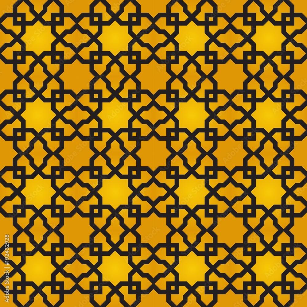 1000x1000 Gold Islamic pattern. Seamless texture. Black arabic pattern on yellow background. Delicate geometric wallpaper. Vector illustration. Stock Vector