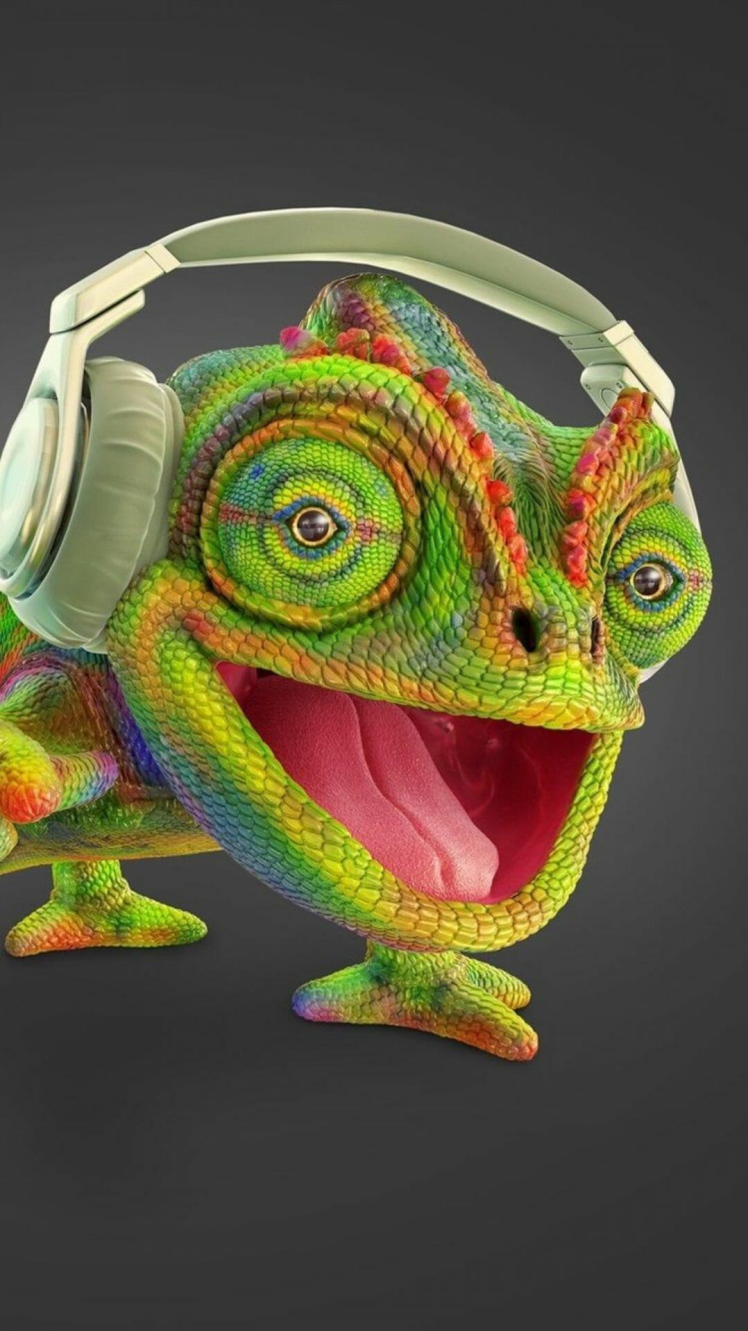 1080x1921 Wallpaper Chameleon listen music, headphone, creative (2022)