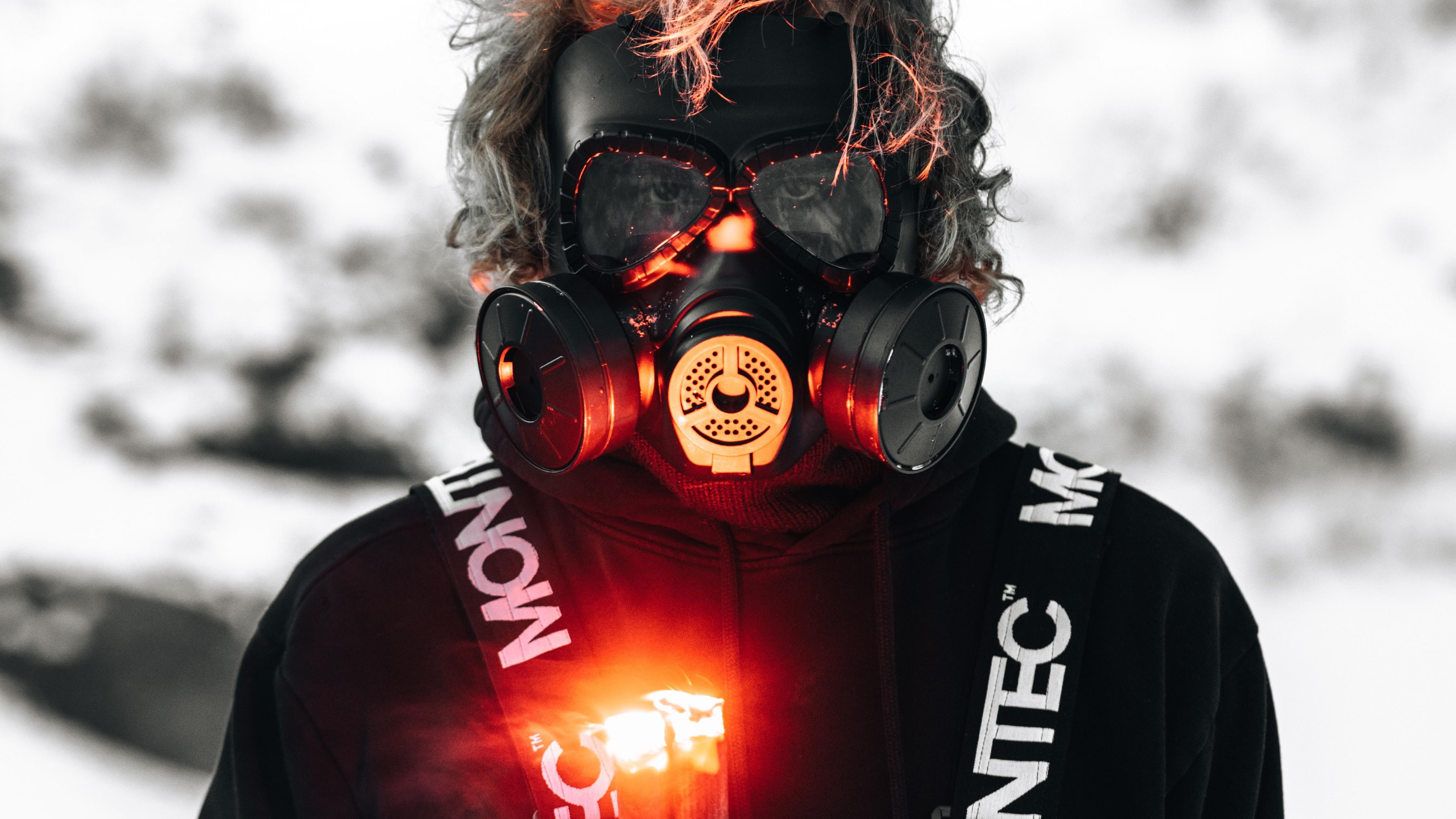 4480x2520 Gas mask Wallpaper 4K, Hoodie, Person, Flare, Adventure, 5K, Photography