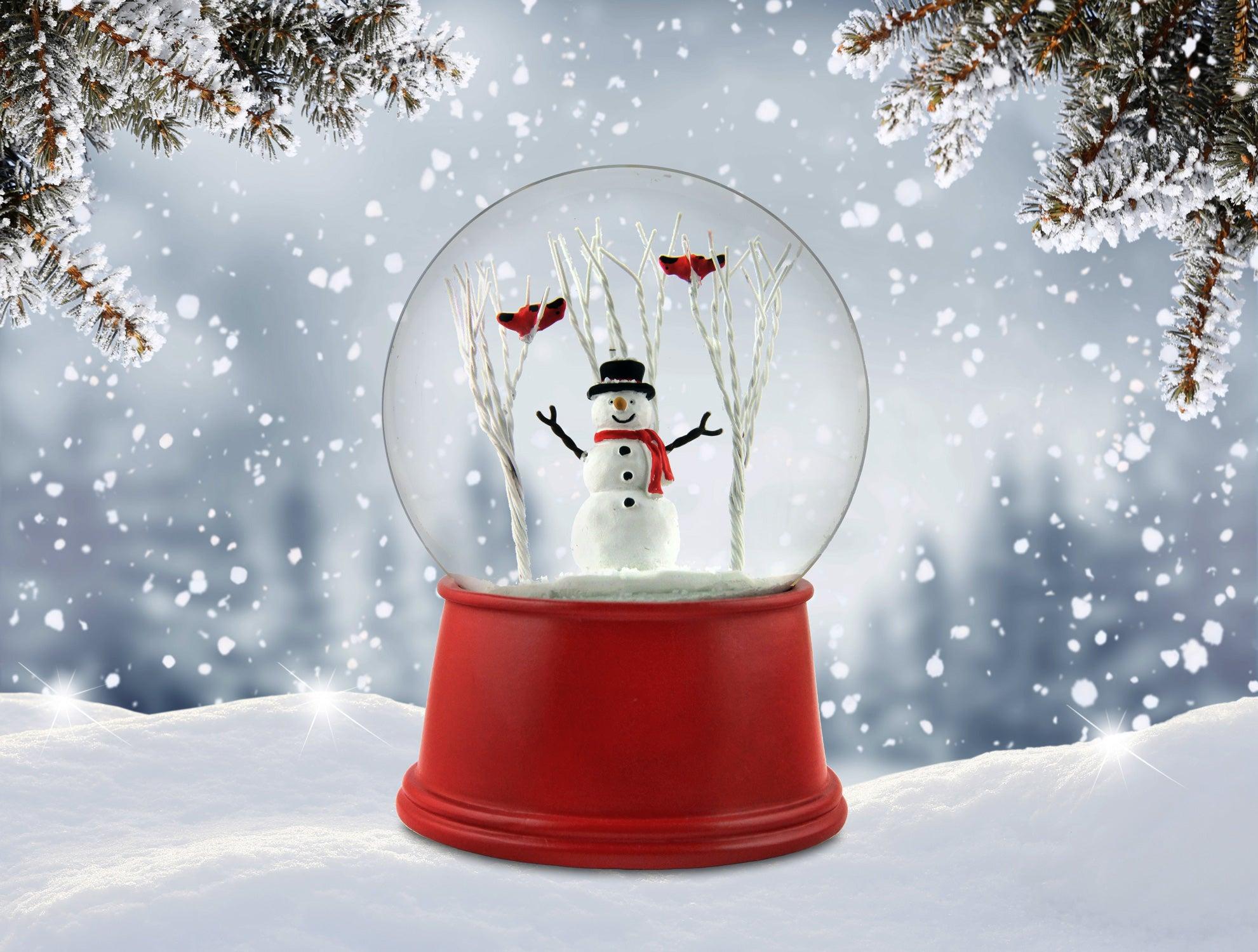 1981x1500 Snowman with Cardinals on a Tree Snow Globe Francisco Music Box Company