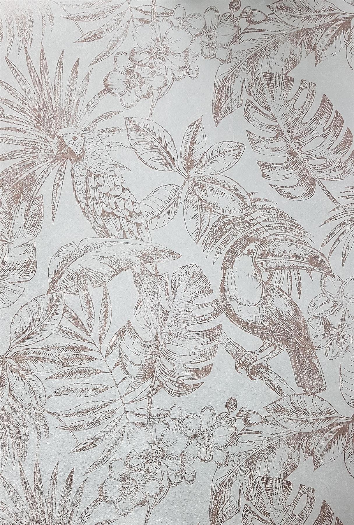 1215x1800 Muriva Sankuru Metallic Tropical Wallpaper Birds Floral Leaf Rose Gold Grey