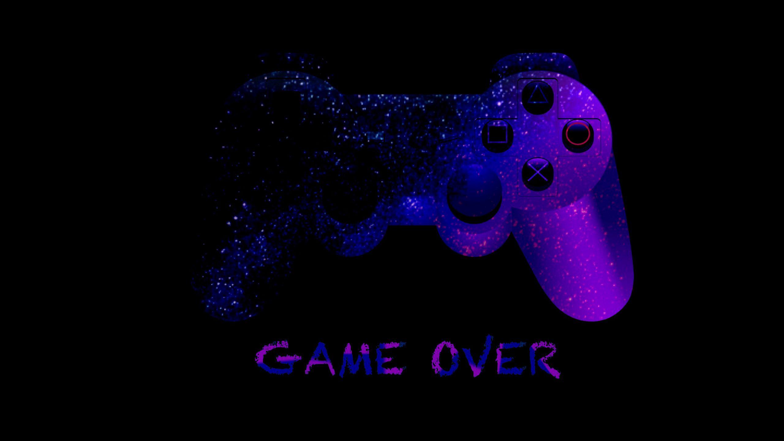 2560x1440 Download wallpaper 2560x1440 game over, joystick, controller, gamepad, neon widescreen 16:9 HD background