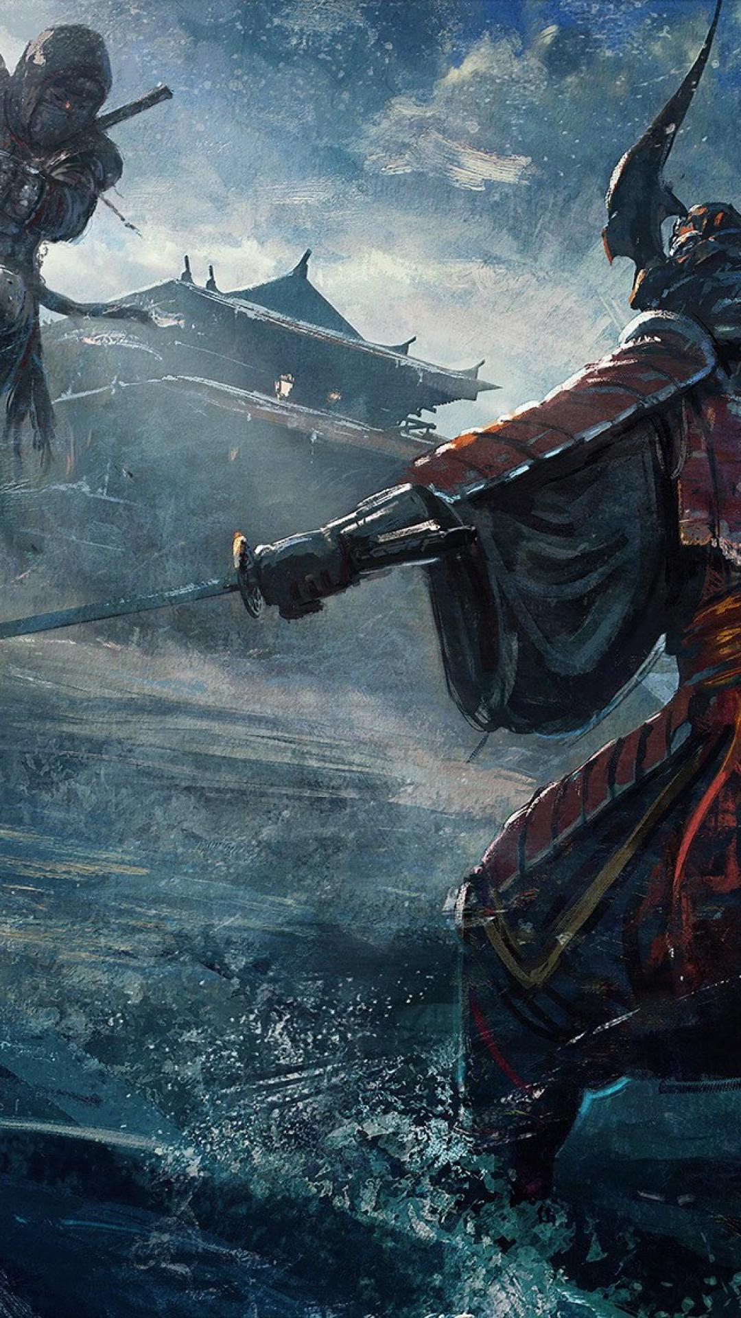 1080x1920 Download 1080x1920 Fantasy Battle, Samurai Vs Ninja, Traditional Building, Armor, Swords Wallpaper for iPhone iPhone 7 Plus, iPhone 6+, Sony Xperia Z, HTC One