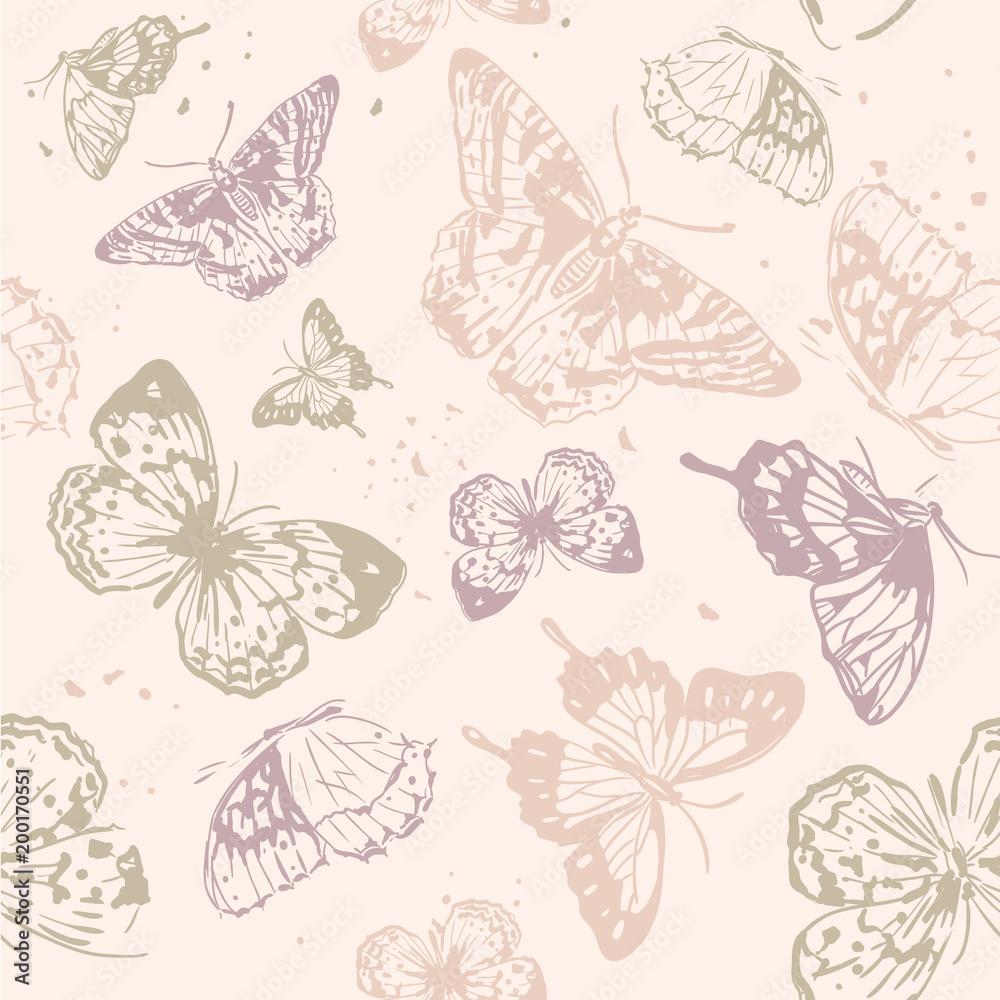 1000x1000 Seamless pattern. Delicate pastel pattern with butterflies. Printing with in hand drawn style. Background for textile, manufacturing, book covers, wallpaper, print or gift wrap. Stock Vector