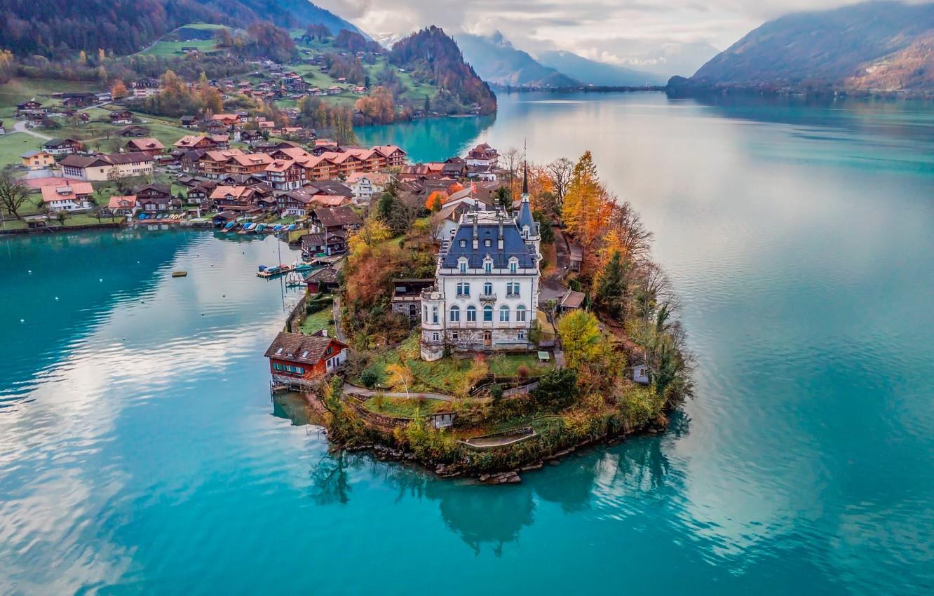 1332x850 Wallpaper mountains, lake, castle, home, Switzerland, village, Switzerland, Lake Brienz, the Peninsula, Bernese Oberland, Iseltwald, Lake Brienz, Iseltwald image for desktop, section пейзажи