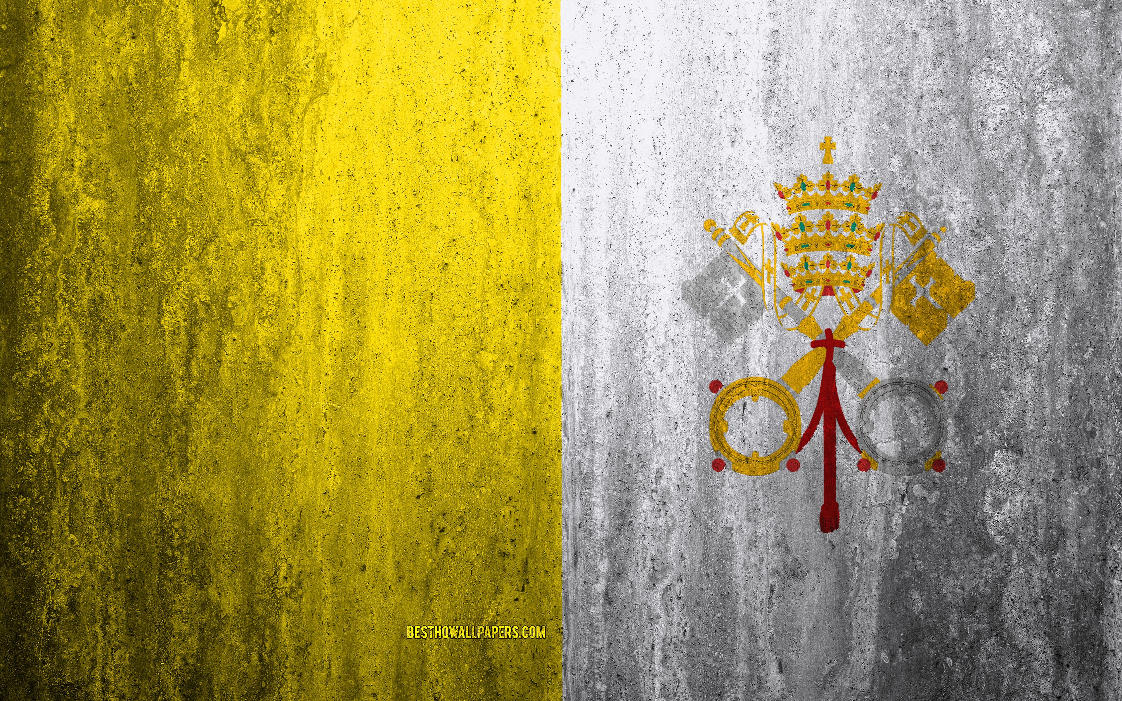 3840x2400 Download wallpaper Flag of Vatican City, 4k, stone background, grunge flag, Europe, Vatican City flag, grunge art, national symbols, Vatican City, stone texture for desktop with resolution 3840x2400. High Quality HD picture