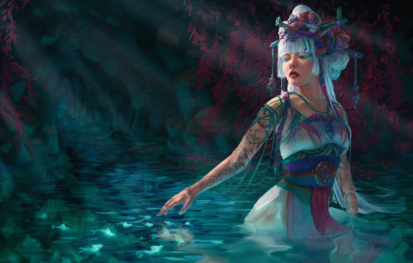 1332x850 Wallpaper girl, fish, lake, nymph image for desktop, section фантастика
